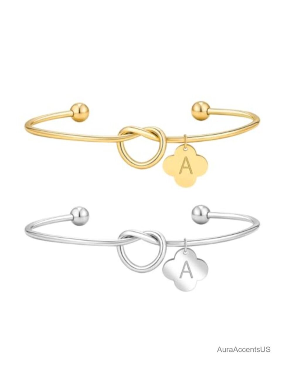 316L Stainless Steel Initial Bracelet Set Knot Cuff Bangle Letter Charm Jewelry